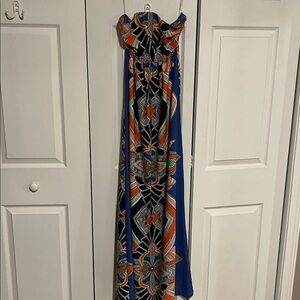 Strapless Geometric Print Dress - Blue and Orange